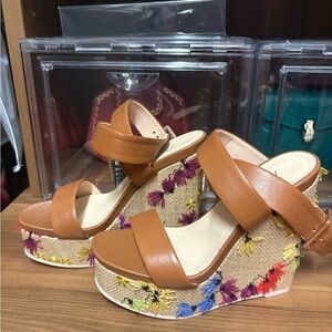 AGL Brown Wedge Sandals with Floral Accents